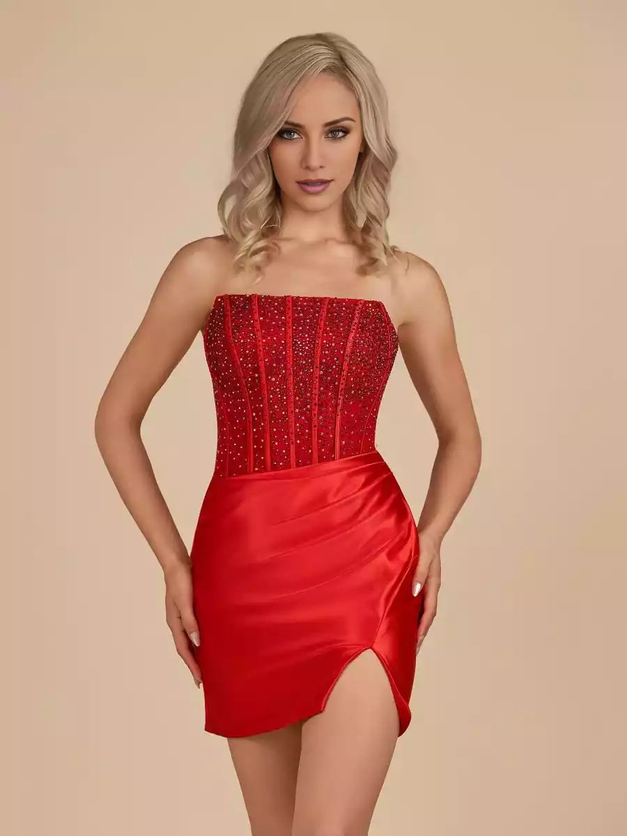 Charming round neck satin tight silhouette with slit beads and lace up back Homecoming Dresses
